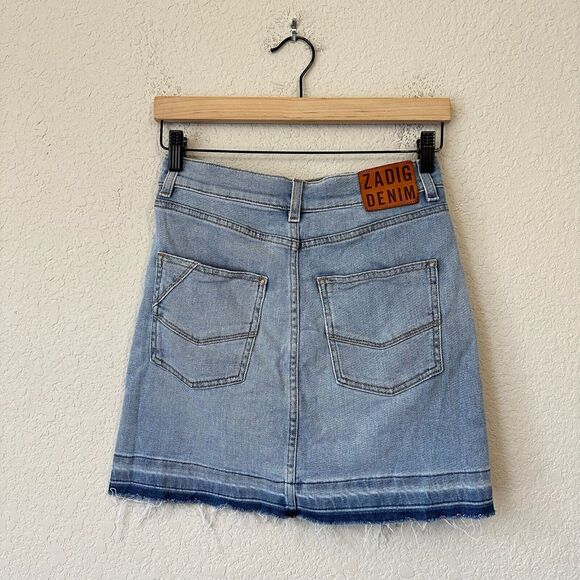 ZADIG & VOLTAIRE Juicy Silver Trim Denim Skirt Button-Fly Raw Hem - Picture 9 of 14